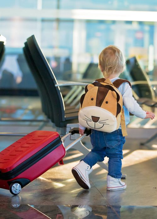 Children, traveling together, waiting at the airport to board the aircraft